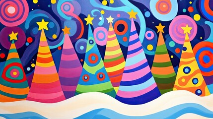 Poster - Abstract swirling patterns in bold colors, creating whimsical Christmas trees in a unique and cheerful pop art winter setting.