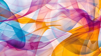 Poster - Abstract geometric background with overlapping translucent shapes in Magenta, Cyan, and Golden Yellow, creating a dynamic visual flow. wallpaper 