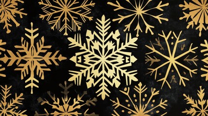 Poster - Bold geometric snowflake designs repeating seamlessly in contrasting black and gold, ideal for chic winter themes.