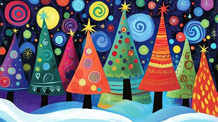 Poster - Bright pop art swirls form imaginative winter trees, filled with abstract and playful patterns that highlight Christmas festivity.