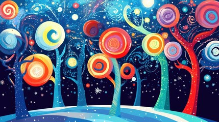 Poster - Colorful swirling designs shaping abstract winter trees, embracing a bold and creative pop art holiday theme.