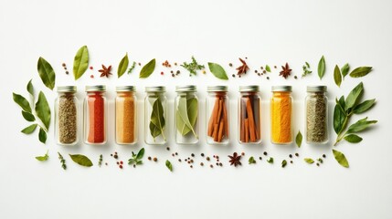 Fototapete - A vibrant display of spices in jars alongside bay leaves and cinnamon sticks creates an aromatic arrangement, with space for text. Generative AI