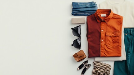 Aufkleber - Various clothing items like shirts, pants, and accessories are neatly arranged on a white background, offering style ideas and blank space for text. Generative AI