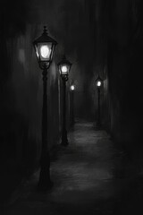 Poster - Dark alleyway, glowing lamps, nighttime scene.