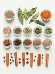 Fototapete - Small jars filled with vibrant spices are arranged neatly alongside bay leaves and cinnamon sticks, providing a lively culinary display. Generative AI