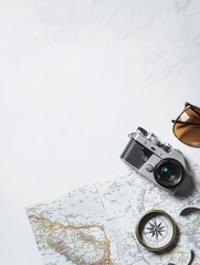 Poster - Travel essentials featured include a map, compass, small camera, and sunglasses ready for your next exploration adventure. Generative AI