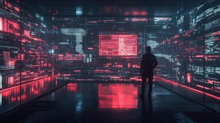 Poster - Futuristic data hub with glowing digital interfaces