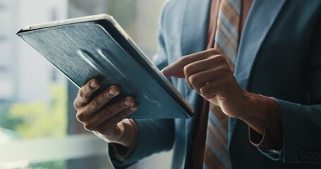 Aufkleber - Scroll, tablet and hands of business person in office for website, research and online project. Corporate, professional and worker on digital tech for planning, proposal and email for b2b networking
