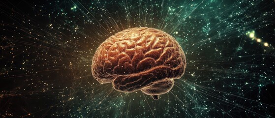 Poster - Floating brain amidst cosmic energy and light