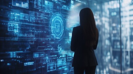 Poster - Woman analyzing digital data on a futuristic interface