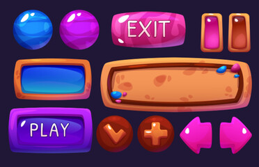 Poster - Computer game ui buttons set isolated on black background. Vector cartoon illustration of progress bar, round and rectangle frames, border templates, arrow signs, gaming app design elements kit