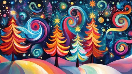 Fototapete - Vibrant abstract swirls forming whimsical winter trees, designed in bold pop art patterns with colorful highlights, evoking holiday cheer.