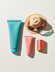 Poster - Brightly colored summer accessories including sunglasses, sunscreen, and a straw hat are displayed on a white surface, perfect for summer outings. Generative AI