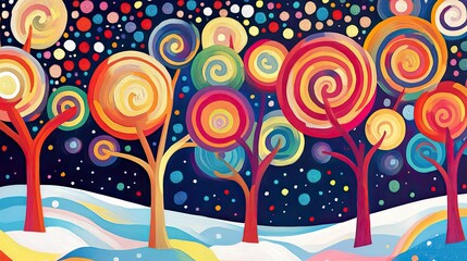 Fototapete - Vibrant abstract swirls forming whimsical winter trees, designed in bold pop art patterns with colorful highlights, evoking holiday cheer.
