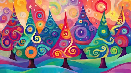 Fototapete - Vibrant abstract swirls forming whimsical winter trees, designed in bold pop art patterns with colorful highlights, evoking holiday cheer.
