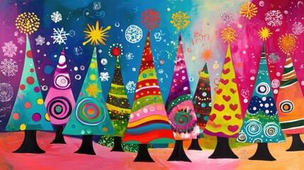 Fototapete - Whimsical abstract swirls creating vibrant Christmas trees, adorned with bright pop art patterns for a unique holiday aesthetic.