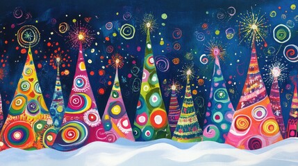 Fototapete - Whimsical Christmas trees crafted from swirling lines and abstract colors, featuring playful pop art patterns in a festive winter scene.