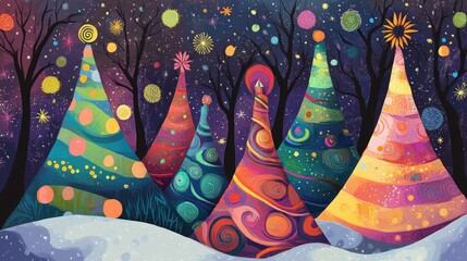 Fototapete - Whimsical Christmas trees crafted from swirling lines and abstract colors, featuring playful pop art patterns in a festive winter scene.