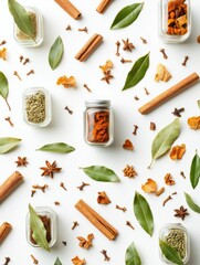 Fototapete - Small jars filled with vibrant spices, accompanied by bay leaves and cinnamon sticks, offer an inviting display with space for text. Generative AI