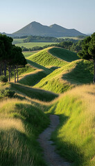 Wall Mural - Rolling green hills and path leading to distant mountains under a clear sky.