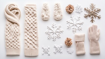 Aufkleber - Warm winter accessories like gloves, a scarf, and decorative snowflakes arranged on a white background with plenty of room for creative text. Generative AI