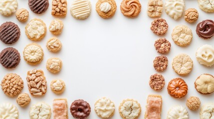 Aufkleber - A variety of colorful cookies and sweets are artistically arranged on a clean white background, leaving space for personalized text or design. Generative AI