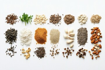 Poster - Various organic ingredients such as seeds, nuts, and herbs are displayed on a white background, offering empty space for additional text. Generative AI