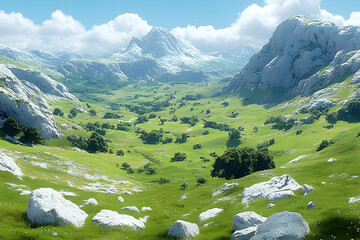 Wall Mural - Serene valley landscape with green meadows, rocky mountains, and bright sky.