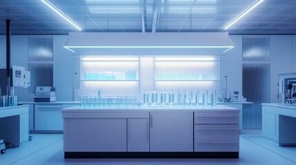 Poster - A modern laboratory workspace with illuminated shelves and glassware for scientific research.
