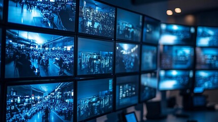 Poster - Security monitoring system with multiple screens displaying live feeds of various locations.