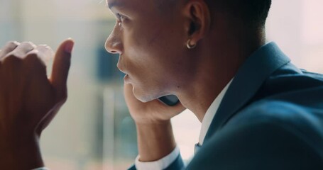 Poster - Hands, phone call and business person in office with profile, listening and negotiation at corporate law firm. Man, lawyer and attorney with smartphone for contact, advice and legal consultation