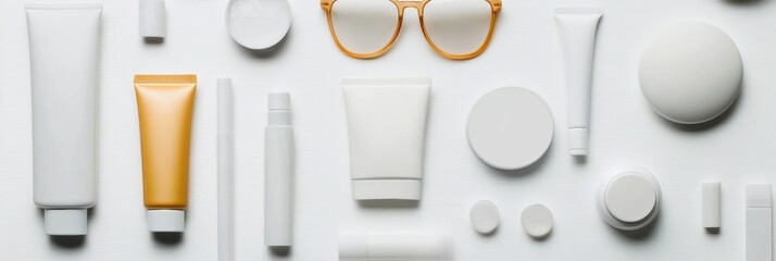 Poster - Bright summer accessories include stylish sunglasses and sunscreen, perfect for protecting skin from UV rays during outdoor activities. Generative AI