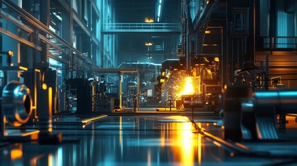 Poster - A vibrant industrial scene featuring machinery and molten metal in a factory setting.