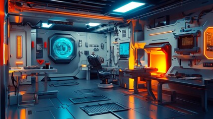 Poster - A futuristic control room with advanced technology and vibrant lighting.