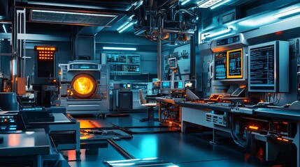Poster - A futuristic laboratory with advanced technology and glowing interfaces.