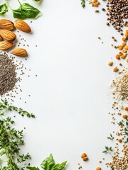 Poster - An assortment of organic seeds, nuts, and herbs is artfully displayed on a white background, providing ample space for creative text and designs. Generative AI