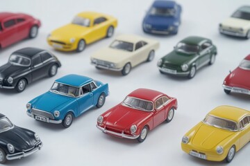 Poster - Colorful miniature car models are neatly arranged on a white background, providing ample copy space for creative design or marketing purposes. Generative AI