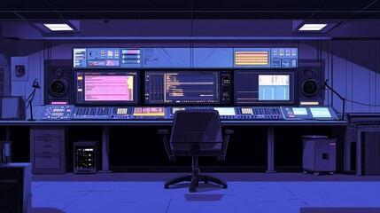 Poster - A futuristic control room with monitor and equipment for audio or video production.