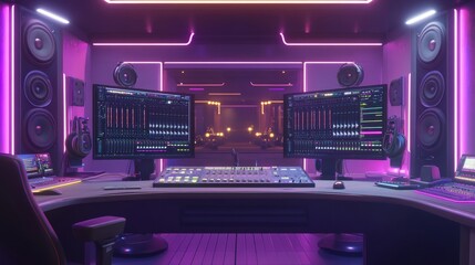 Poster - A modern music production studio featuring dual monitor and vibrant lighting.