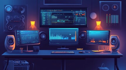 Poster - A modern music production studio featuring multiple screen and audio equipment.