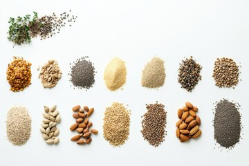 Poster - Organic ingredients such as seeds, nuts, and herbs are neatly arranged on a white background, offering empty space for additional text or branding. Generative AI