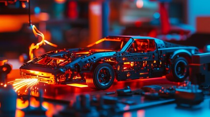 Poster - A detailed model car illuminated with vibrant lights, surrounded by tools and components in a workshop.
