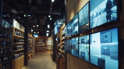 Aufkleber - Modern retail store interior with security monitors displaying surveillance footage.