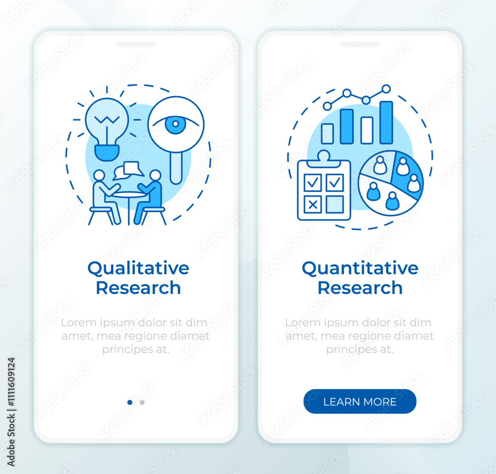 Different research types blue onboarding mobile app screen. Walkthrough ...
