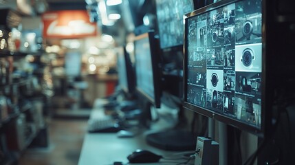 Poster - Security system monitors displaying surveillance footage in a control room.