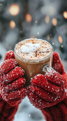 Wall Mural - hands in red knitted mittens holding a frozen glass of cappuccino with big snowdrift on its top