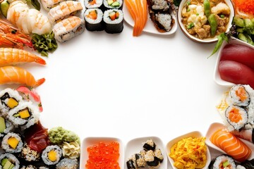 Poster - Various cuisines like sushi, pasta, tacos, and more are beautifully arranged on a white surface, inviting creativity and appetite. Generative AI