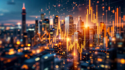 Poster - digital hologram of currency quotes and charts on city backdrop. Generative AI