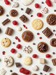 Poster - Colorful variety of cookies and sweets artfully placed on a white surface, creating an inviting look perfect for enticing dessert lovers. Generative AI