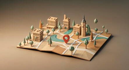 Poster - 3d positioning icon on map in low poly map style . Generative AI